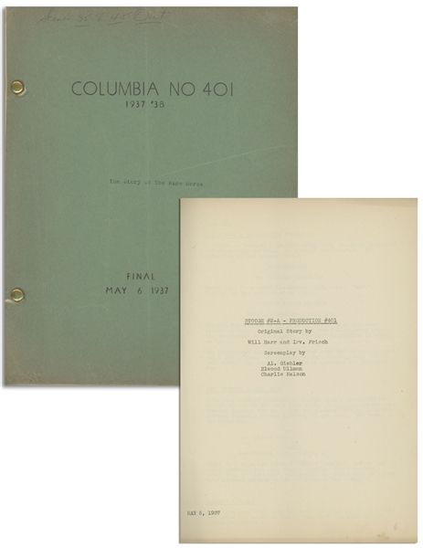 Moe Howards 31pp. Script Dated May 1937 for The Three Stooges Film Playing the Ponies or Story of the Race Horse -- With Annotations in Moes Hand Including Pencil Signatures -- Very Good